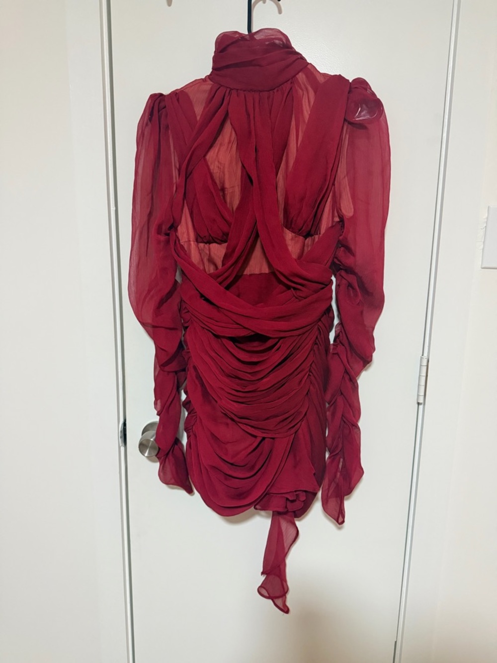 Red Draped Long-Sleeve Chiffon Dress